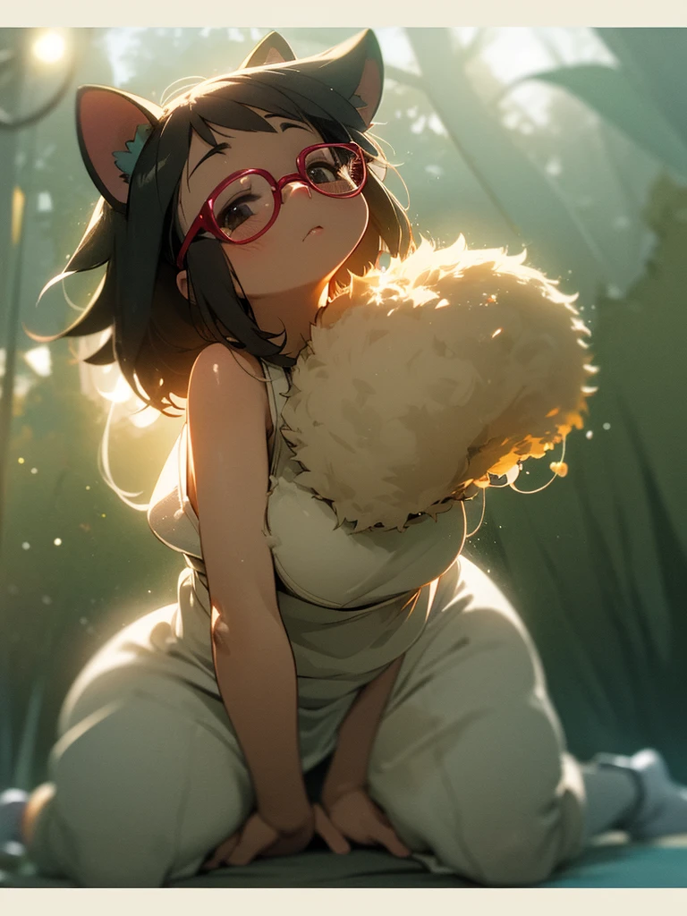 (Sumilux f1.4 75mm , low Latitude old color negative film , cross process , bokeh, flare, chromatic aberration , soft focus, (Shallow focus) , soft glow , Maximum aperture, High Key , Transparent depiction) , realistic female raccoon dog , butter face , two apart melons , Thick-rimmed glasses , in the foggy forest , clothed erotica , Kneeling and looking up to the sky , looking away , hands up , Open chest