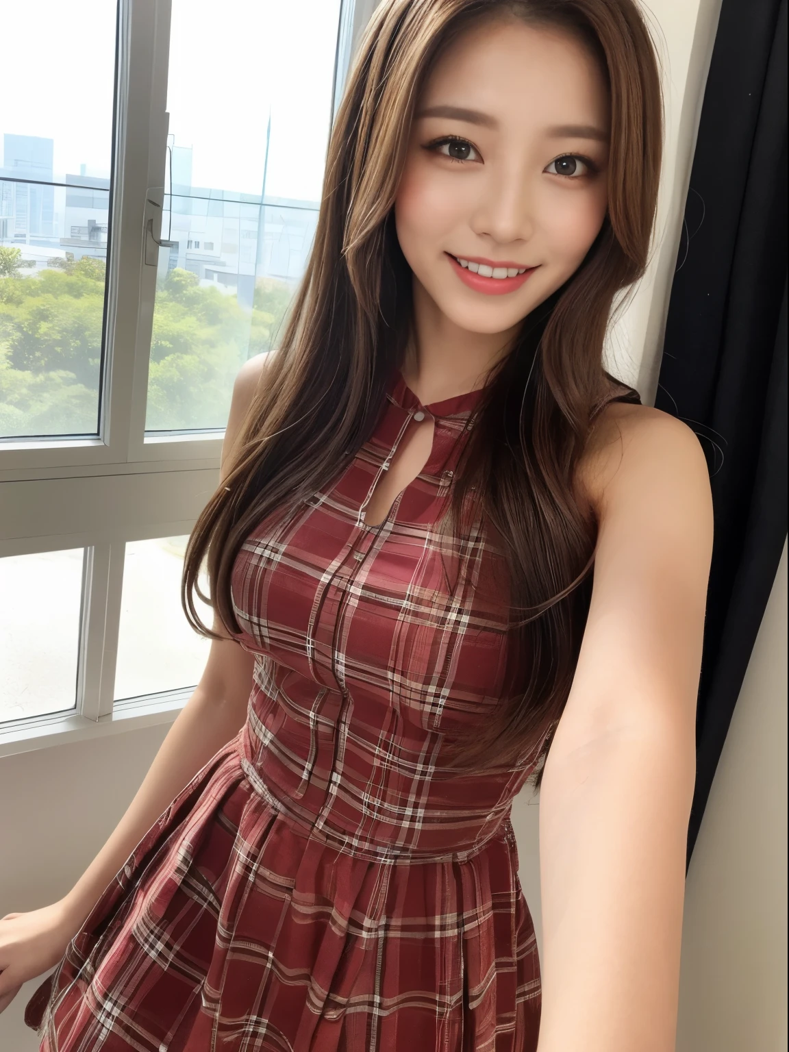 ((top-quality、8K、masuter piece:1.3))、1 female、Beautiful girl emphasized slender:1.3、(Hairstyle short)、Plain clothe:1.2、outside、hyperdetailed face、A detailed eye、Double eyelids、a smile、Korea person, (upper body), 30 years old, (((selfie))), (dress), Crying face, smiling, gentle smile, neat, droopy eyes, mini skirt, moles, (sleeveless red Plaid dress with lace),(sexy clothes),(big tits:1.2)(long hair style)(baby white shirt)(Standing along window)