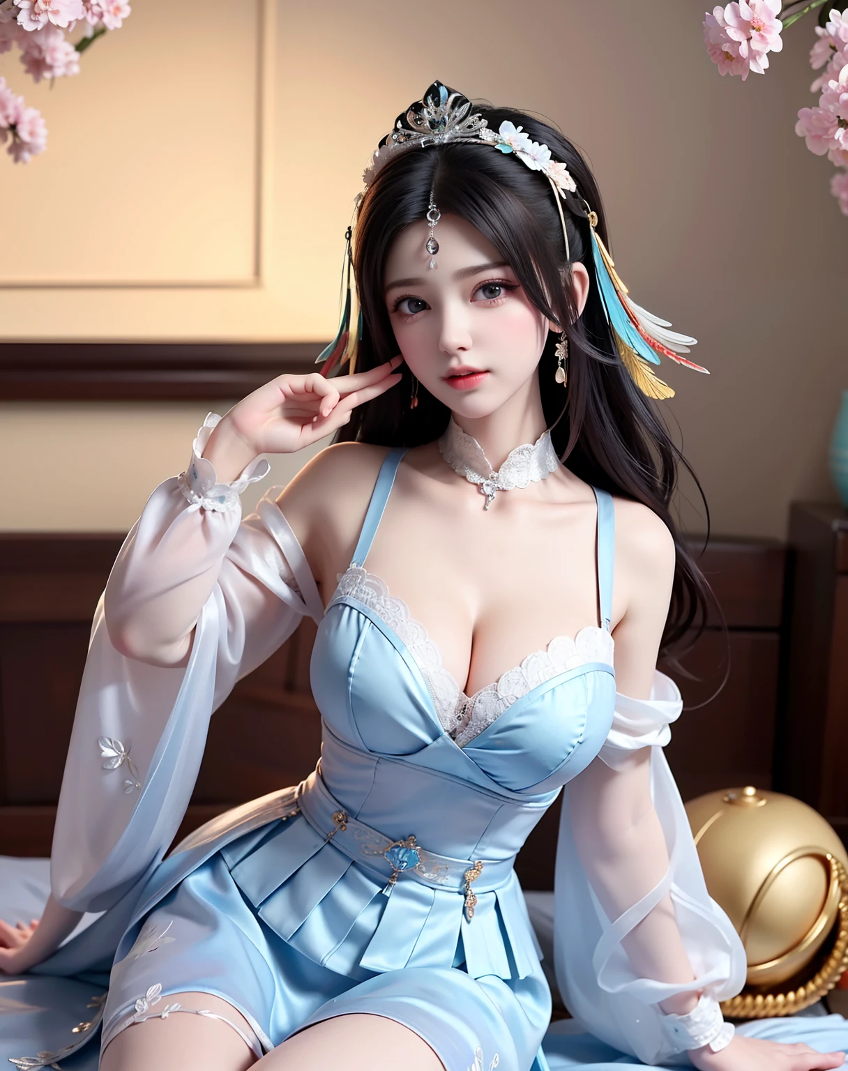 (8k, RAW photo:1.2), best quality, ultra high res,dramatic angle,(fluttered detailed color splashs), (illustration),(((1 girl))),(long hair),(rain:0.9), (Headdress:1.4),There is an ancient palace beside the girl,Hanfu,(Key Points),Color ink painting,(Splash of Color),Splash of Color,(((colorful))),(sketch:0.8) , Masterpiece, best quality, beautiful painted, highly detailed,(denoising:0.6),[splash ink],((ink refraction)), (beautiful detailed sky),moon,highly,detaild,(masterpiece, best quality, extremely detailed） CG Unity 8k Wallpaper，masterpiece，best quality，Ultra Detailed），（Lycoris）.shoulder ballet dress open V-chested clothes Thin silk lace dress short skirt , (huge ，cleavage),, white pink, blue ，best qualtiy，tmasterpiece，Ultra-high resolution，（Reality：1.4），RAW photogr，（True skin texture：1.3），（filmgrain：1.3），（Selfie angle），1个Giant Breast Girl，Beautiful eye and face details，tmasterpiece，Best quality at best，，The chest more exposed， detailed hair, bra pink , detail 8k, full body, lace petticoat. lying on bed