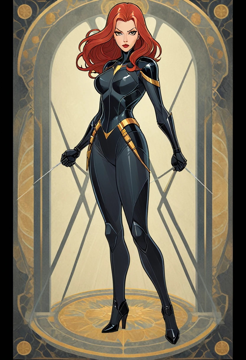 1 Black Widow, From American comic superhero, full-length standing painting, (((solo))), clear facial features, Simple line design, ((Tarot card background, symmetrical beauty)), perfectly symmetrical, The art of symmetry, Standing Character Drawings, ((flat colors)), chedevr，top quality，Best quality，Ultra high resolution, ((clear facial features，Beautiful eyes，Beautiful face, Exquisite facial features))