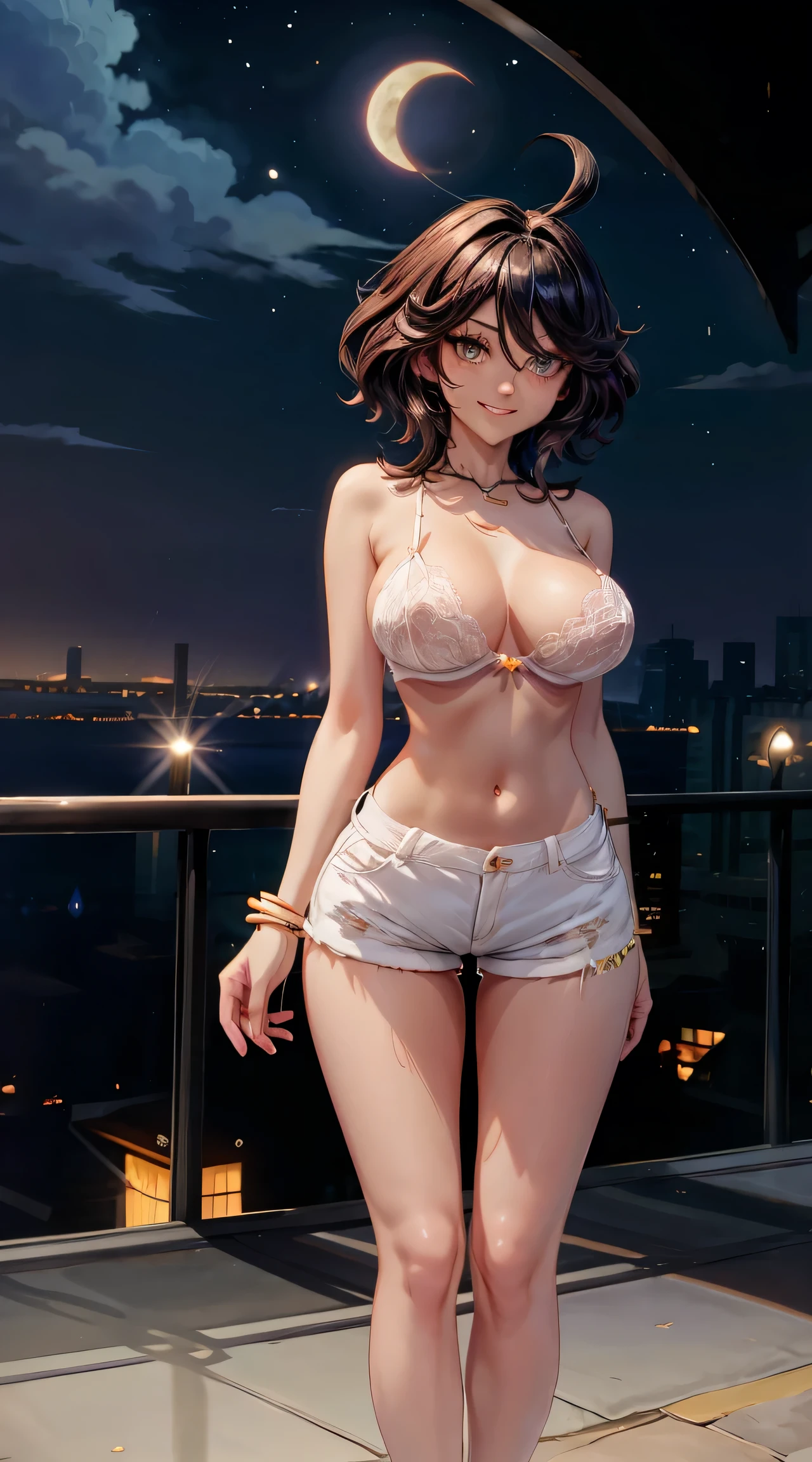 1girl, anime girl, anime, (dark skin), 2d girl, 16y, (fullbody), standing, anime girl, black eyes, (heart-shaped pupils), seductive grin, (ahoge, long hair, hime-cut hair, black hair), ((nipleless white bra, areolae, areola, areola exposed)), Solo, Slim, large breasts, big ,big Breasts, sfw, Tight Shorts, low waist shorts, upshorts, The night city background, moon, city lights, stars in the sky, looking at viewer, darker shadows, (((explicit))), (((shorts))), (((absurdres))), (((thigh gap))), cameltoe, (((cameltoe))), (((cleft of venus))), (((lowleg shorts))),
