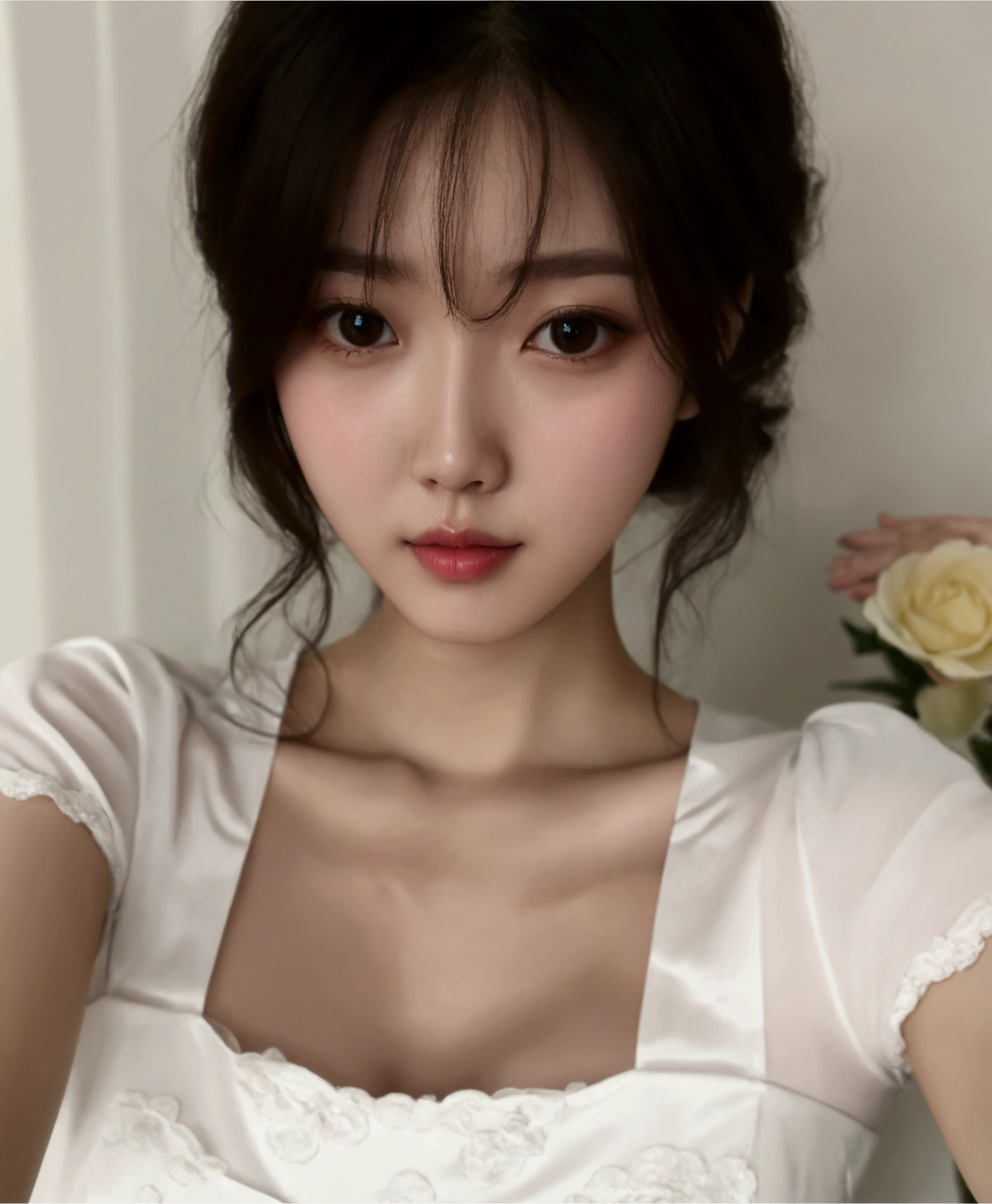 Close-up of a woman in a white dress posing for a photo, ulzzang, korean girl, young and adorable korean face, pretty-face-fine girl, beautiful delicate face, beautiful south korean woman, pale round face, Beautiful young Korean woman, Young cute pale asian face, Beautiful young Korean woman, 8k selfie photography, pale korean adorable face, with cleavage and soft breasts