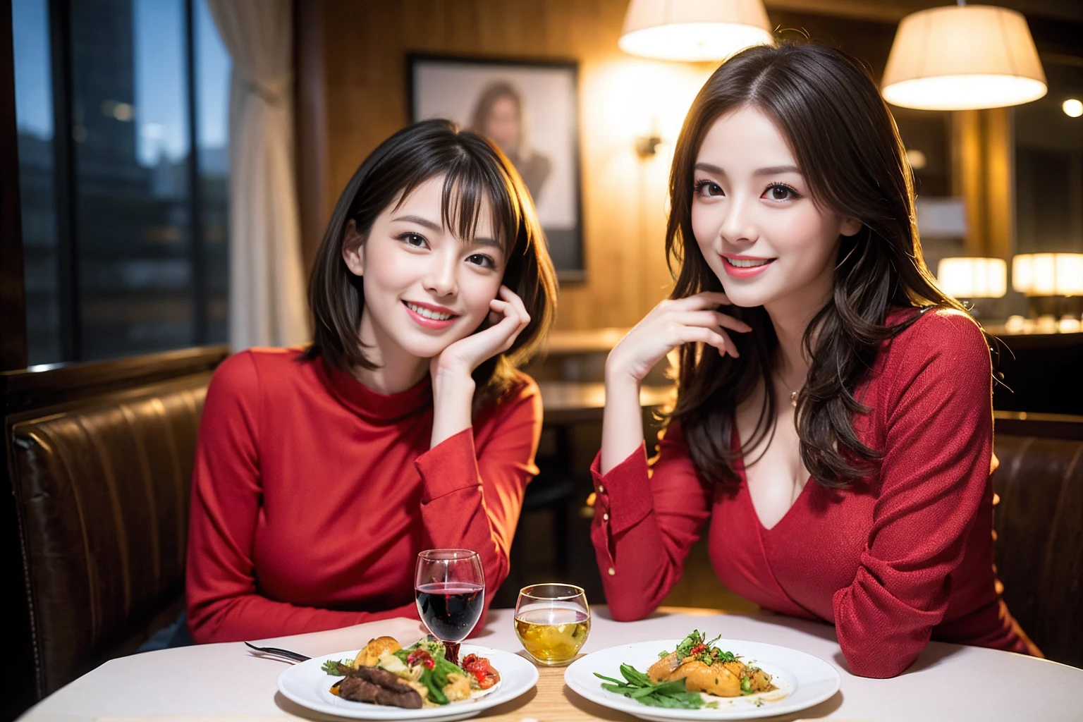 ((Highest quality、8k、masterpiece:1.3))、Shortcuts、cute、slimカップル、modelカップル、actress男優、(Realistic, Intricate details:1.2), full-course dinner、Wine Party、Amazing view of the sunset sky and clouds、A bright smile、short hair,Bright Face、 (Age 45), 42 years old, red wine 、Appetizers、Italian food、Wine bottle、Champagne、sparkling wine、Two beauties、Brown Hair、Shortcuts、Long sleeve shirt、dress、Beautiful woman 1, (slimな顔), (The body is slim), (Brown Hair), (Shortcuts), cheeks turn a little red,Attractive beauty、restaurant, In a prominent place (From the waist up) Nova Frog Style, actress, model, Upper Body, White wine, slim, wine glass, 中央に置かれたwine glass, smile, (smile: 1.15), Beautiful fine grain, Depth f/2,saturation, High Contrast, Strong light and shadow,Moist Body:1.5、3D texture、Delicate eyes、Brown Hair、The hair is very shiny、