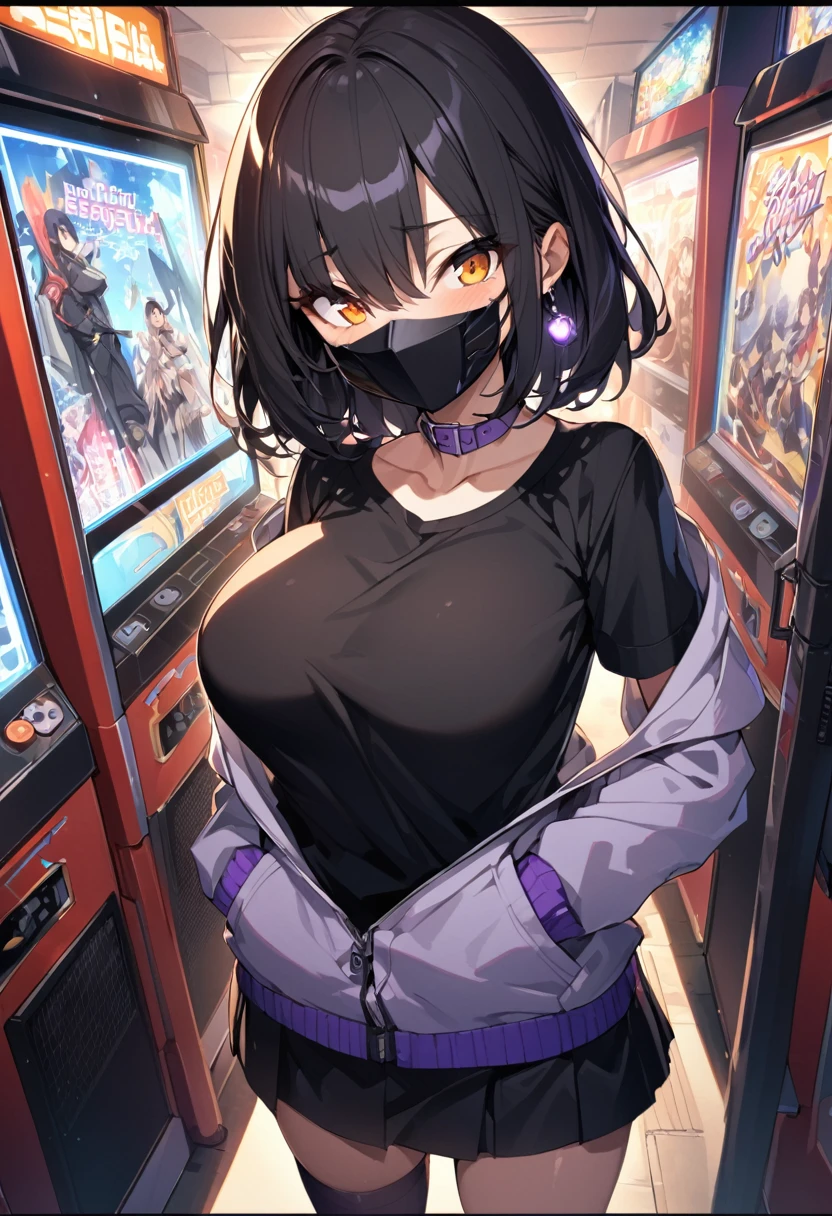 ((Security、절대적으로 Security함、Security 및 보안、all ages、Security Sensor)), (movie lights、Key light:Front diagonal 45 degrees, fill with light、backlight、shadow、Blue and orange color palette), Accurate human body、knowledgeable person、five finger correction、RAW photos、 4K - Ultra Sharp、best quality, masterpiece, ultra high resolution, (reality: 1.4),
(((oil skin,glowing skin、reality적인 피부 질감、My skin is fair and beautiful.、glowing skin、glowing skin)))、
Upper body shot, camera angle is low, written border depth, Focus on the center, good eyes, The face and eyes are perfect、
At amusement facilities, game machine, game machine,
girl, black short bob, Early teens, Black oversized shirt with pockets, black mini skirt, Purple collar, Blackface mask, earring,
thin, stand , naughty,
zettai ryouiki, absurd 해결책, absurd, best quality, (((big bust)))、