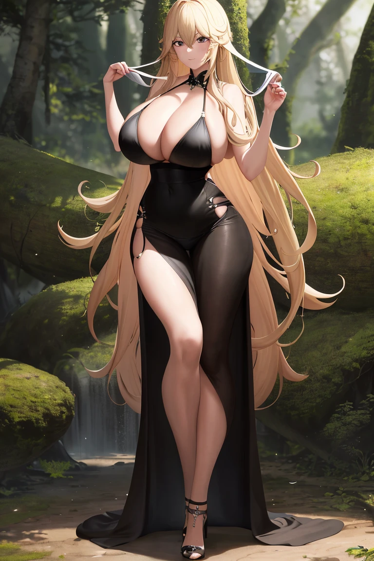 A woman，Long blond hair，Black eyes，in the forest，Wearing a black bikini，cheongsam，Long legs，Nipple protrusion，Twenties，exposed，Black high heels，Super super large breasts，N cups，Huge breasts，超级Huge breasts，Standing