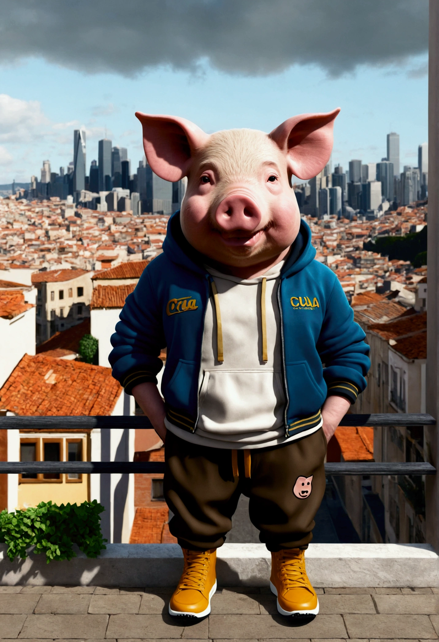 ((foto crua)), ((obra-prima)), Anthropomorphic humanoid pig wearing modern clothes, green capuz with white details, brown Pants, white and greean Jordan style sneakers, detalhe intrincado, intricate Greebles pieces, city behind, small head, Ogro monstruoso, Titan, sneaker, soft-lighting, 32k, Hiper realista, The background details are exquisite,The scene is surreal,Create a charming graphic style