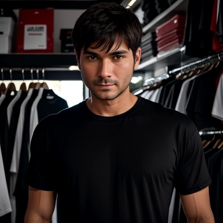 Man wearing a black t-shirt with no details, fundo traders