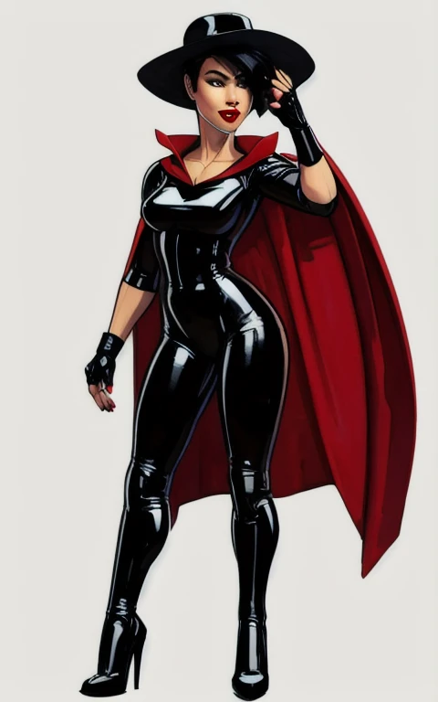 8k,4k,((Best quality, masterpiece, ultra high resolution)),((full body, by pixelsketcher)), Cybersix,gloves, fingerless gloves, cape, hat, bodysuit, black hair, high heels,black gloves, makeup, black bodysuit, lipstick, black headwear, red cape, red lips,short hair,hair over one eye,white background,human,short sleeves,fingerless gloves,black cape