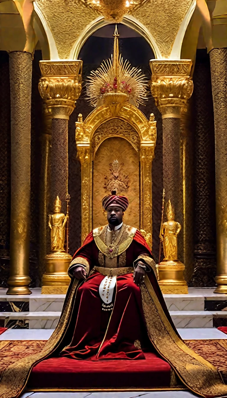 In the grand throne room, the king sits regally on an elevated, golden throne adorned with precious jewels, signifying his immense power and opulence. Draped in lavish royal garments, a gleaming crown, and a velvet robe embroidered with gold, he commands the room's attention. His subordinates stand in two orderly rows facing him, creating a clear aisle that leads to the throne's base. These courtiers, clad in an array of noble attire, listen intently. Flanking the throne are vigilant royal guards in polished armor, holding tall, ornate spears. Close to the king, a few advisors and nobles, some with scrolls or tomes in hand, are prepared to offer their counsel or wait their turn to speak. The room is bathed in a warm, soft glow from golden chandeliers and wall sconces, enhancing the solemn and majestic ambiance. The walls are adorned with intricate tapestries depicting heroic battles and triumphs, while marble columns and rich carpets complete the opulent setting.