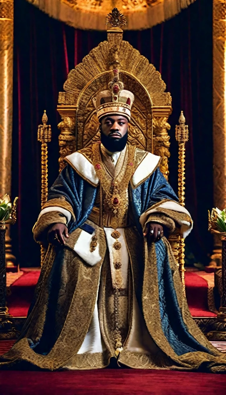 In the grand throne room, the king sits regally on an elevated, golden throne adorned with precious jewels, signifying his immense power and opulence. Draped in lavish royal garments, a gleaming crown, and a velvet robe embroidered with gold, he commands the room's attention. His subordinates stand in two orderly rows facing him, creating a clear aisle that leads to the throne's base. These courtiers, clad in an array of noble attire, listen intently. Flanking the throne are vigilant royal guards in polished armor, holding tall, ornate spears. Close to the king, a few advisors and nobles, some with scrolls or tomes in hand, are prepared to offer their counsel or wait their turn to speak. The room is bathed in a warm, soft glow from golden chandeliers and wall sconces, enhancing the solemn and majestic ambiance. The walls are adorned with intricate tapestries depicting heroic battles and triumphs, while marble columns and rich carpets complete the opulent setting.
