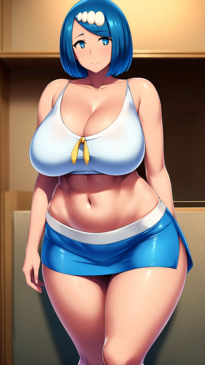 A sexy Hawaiian girl, beautiful, big breast, beautiful, bright blue hair, round cut, her blue eye, she wears a white shirt, shows her navel, and a long blue skirt.