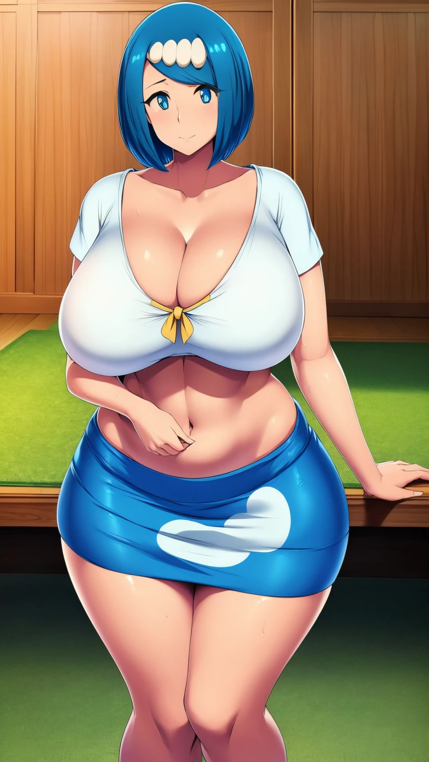 A sexy Hawaiian girl, beautiful, big breast, beautiful, bright blue hair, round cut, her blue eye, she wears a white shirt, shows her navel, and a long blue skirt.