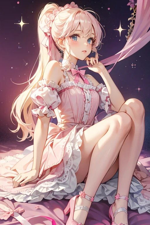 Ribbon is a fair skinned girl with soft pink cheeks and platinum blonde hair. Her hair is tied up in a pigtail by a pink ribbon and the sides are tightly curled.

She wears a large pink ballgown with a layer of glitter tulle decorating the puffy skirt. Across the waist of the dress is a satin pale pink ribbon tied in a bow. The sleeves are short and accented with white lace. Her shoes are translucent pink slippers with matching ribbons on the toes.  SPARKLE; GLITTER