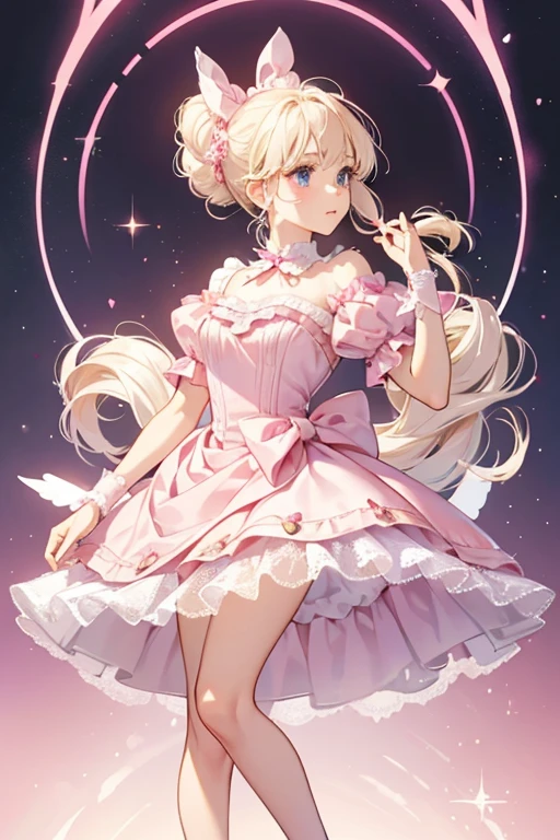 Ribbon is a fair skinned girl with soft pink cheeks and platinum blonde hair. Her hair is tied up in a pigtail by a pink ribbon and the sides are tightly curled.

She wears a large pink ballgown with a layer of glitter tulle decorating the puffy skirt. Across the waist of the dress is a satin pale pink ribbon tied in a bow. The sleeves are short and accented with white lace. Her shoes are translucent pink slippers with matching ribbons on the toes.  SPARKLE; GLITTER