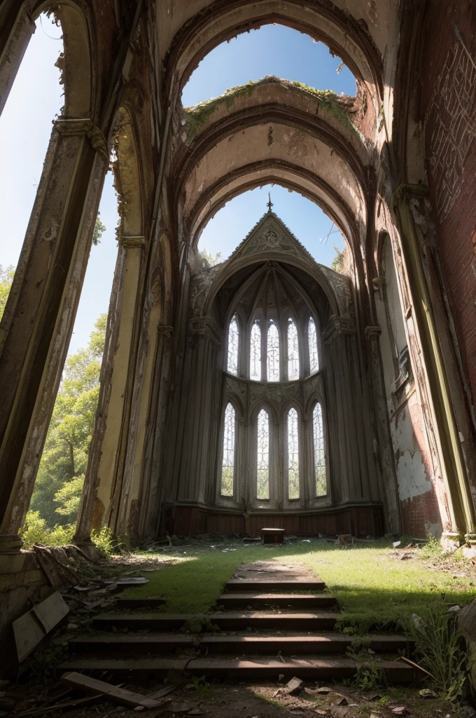 abandoned church with nature and sun