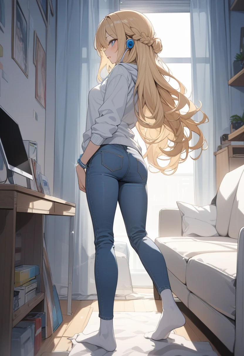 masterpiece, best quality, extremely detailed, ultra detailed, flat anime, 2D,
1girl, (young adult:1.2),blonde hair, (semi-long hair:1.2), curly hair, french braid, medium breasts, tsurime, height 1.7meters,
white hooded sweatshirt, jeans, earring,bracelet, long sleeves, ((Bluetooth small earphone)),socks,
Back view of a laptop computer,Operating a laptop computer,
from behind, full body, ((looking back from right side)), open mouth, looking at another,
summer, livingroom, 12AM., standing