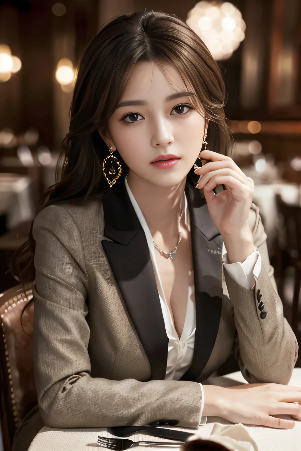 masterpiece, Highest quality, Realistic, Very detailed, Finer details, High resolution, 8k wallpaper, One beautiful woman, Wear a nice suit, In a great restaurant, At night, Light brown messy hair, Perfect dynamic composition, Beautiful and beautiful eyes、Big earrings、Sit comfortably in a chair、