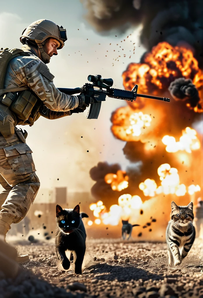Cinematic, photorealistic, modern battlefield little dogs vs. humans, cats in modern camouflage combat uniform, battlefield combat, guns, shots, fire, smoke, explosion, flying parts, film grain, 8K, UHD, insanely detailed, image Award winning, epic composition, movie poster