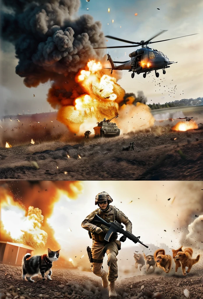 Cinematic, photorealistic, modern battlefield little dogs vs. humans, cats in modern camouflage combat uniform, battlefield combat, guns, shots, fire, smoke, explosion, flying parts, film grain, 8K, UHD, insanely detailed, image Award winning, epic composition, movie poster