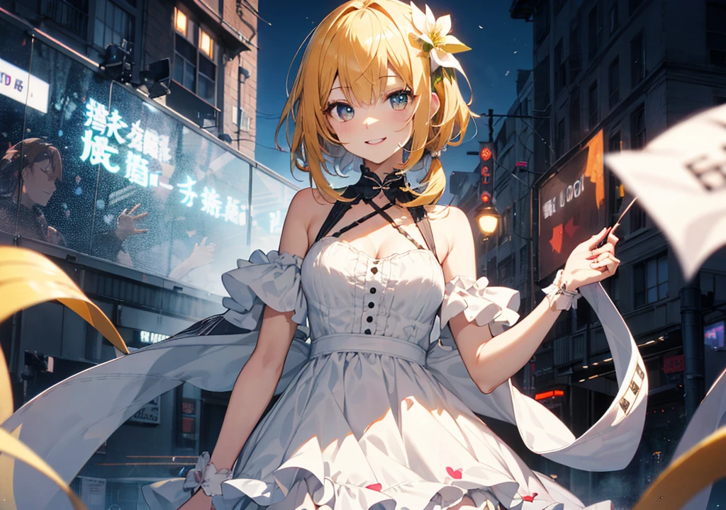 Realistic photos, Focus distance 10mm, Red and white, A big smile, Beautiful girl, Realistic photos, Focus distance 10mmで撮影, masterpiece, 最high quality, high quality, Very detailed CG 8k wallpaper unit, Award-winning photography,  Depth of written boundary, High resolution, bloom, chromatic aberration, Realistic, Very detailed, Art Station Trends, CGsociety Trends, Complex, High detail, dramatic, volumetric lighting, bananaスプリットケーキが擬人化された美少女, Yellow Hair, A dress with colorful toppings, banana