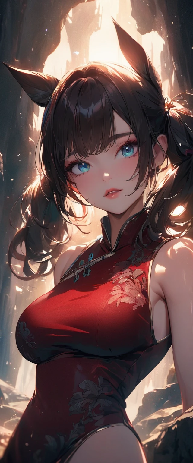 Photo of a woman with natural skin, Upper Body, Seaside cave, The light is shining in, High Twintails, Black hair with red mesh, Sharp eyes with red eyeshadow, Blue-green eyes, Shining eyes, A thin, upturned nose, Well-shaped lips, Big Breasts, ((China dress)), barefoot, Makeup, Exquisitely crafted with the utmost attention to detail, Vibrant, amazing, Smooth, Cinematic, 4K, Backlight, (()), Shallow depth of field, ((Detailed eyes:1.3, Detailed lips:1.3, high quality, )), masterpiece, Super detailed images, High quality