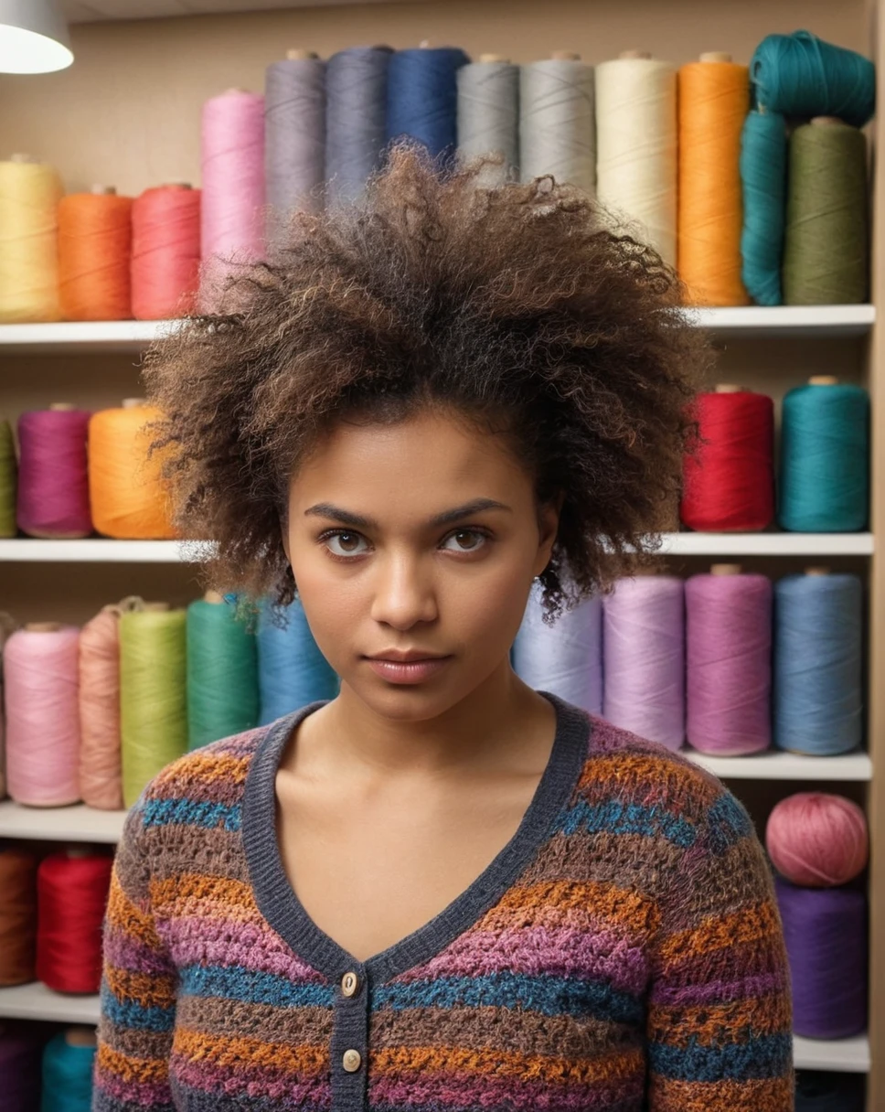 high quality ultra-realistic portrait photo of a mixed-race woman , she's in yarn fabric boutique shop, the woman is nestled inside shop with rolls of colorful yarns, (vibrant ),exceptional lush detail, interior yarn quilt sewing boutique surroundings, she's, wearing incredible fitted vintage skirt, clean shirt and her eyeglasses up on head, colorful crochet yarn behind her, magical shop of yarn rolls, threads , image ultra, extraordinarily micro-realistic quality photo of a crochet , exceptional lush detail of woman pupils, ((glance to camera)), soft lights, no makeup beauty, her hair behind her ears, she's MESMERIZING facial detail, shapely, high quality , taken interiors knitting shop, ((high contrast:1.2)), CREATIVE SPACE (professional woman), ((taken using Leica camera, aperture: f/2.3)) , hyper-realistic skin, pores, (she has brushed hair, long), healthy sun-kissed skin, blushing, blush cheeks, a (perfect:1.1),, relaxed, natural light glow, radiant skin , ( incredible eyes:1.1), beautiful composition, inspiring, (highest quality fabric texture), every detail,Fine facial features – (Highest Quality) ,film, High qualitydetails ultra detailed(Ultra-fine ), Photorealistic , high resolution),relaxed artistic photos(lustrous hair:1.3), (soft feminine body), body, (ultra fine), intricately detailed eyes, mouth closed, natural lighting, (detailed hands), real skin, textured skin, intricately detailed eyes, high contrast, (subsurface scattering:0.9), (depth of field:1.2)