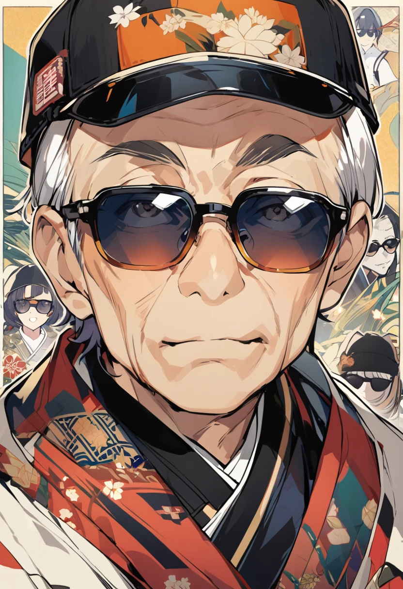 60 year old Japanese man wearing sunglasses。background through。Character portrait