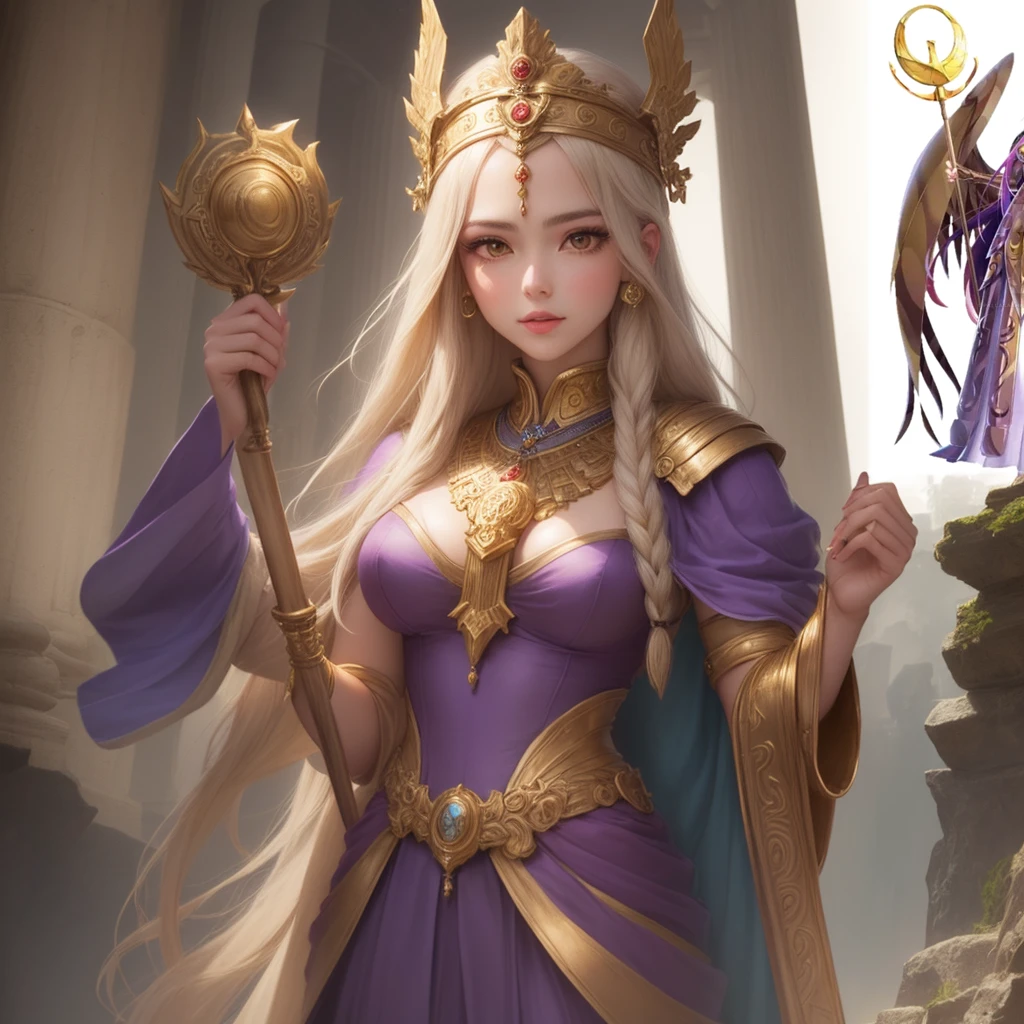 a woman in a purple dress holding a golden staff and a golden shield, the god athena, golden goddess athena, greek goddess athena, Anime goddess, athena goddess of wisdom, Venus goddess Athena, ((a beautiful fantasy empress)), mystical atlantean valkyrie, girl of the zodiac knights, the greek goddess aphrotite, mystical valkyrie of anubis