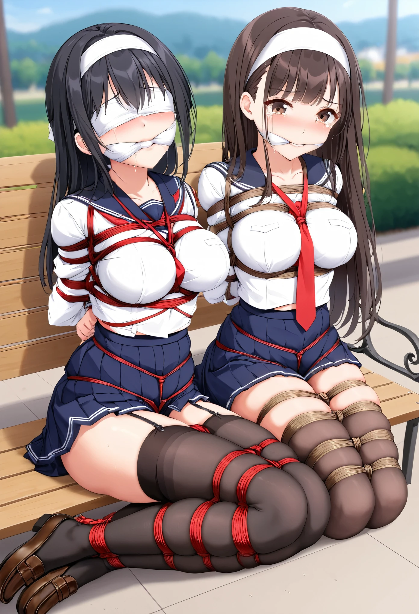 (very detailed CG 통일성 8k), (best quality)，(very detailed)，(ultra high resolution), 1 woman, white cloth gag, Uniform, sailor suit, rope bondage, breasts rope bondage, hands back rope bondage, leg rope bondage, thigh rope bondage, (bust rope bondage:1.4), feet rope bondage, arms behind waist, bound wrists, tie your ankles, gag with a white cloth, dark blue skirt, Park benches, blindfolded, Legs together, tie your ankles, black hair, High school girls, (black stockings:1.4), Black garter belt, Brown loafers, Crying face, (White headband:1.4), blurred background,