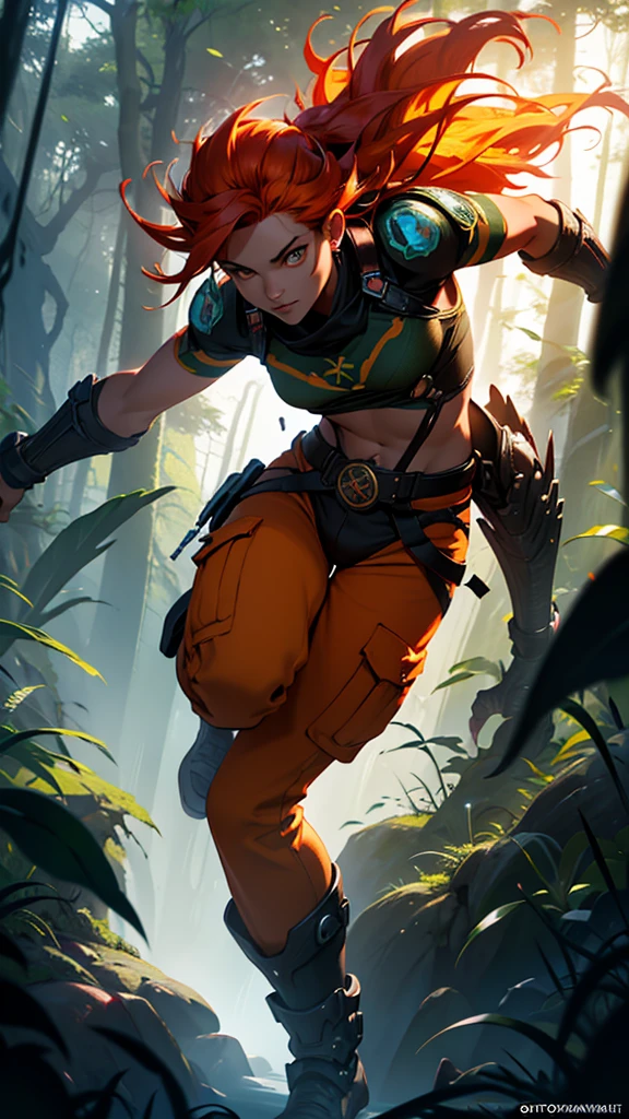 a small and agile curupira entity with fiery hair, bright eyes, and backwards feet, protecting the brazilian forest, detailed portrait, photorealistic, octane render, cinematic lighting, vivid colors, fantasy art, concept art