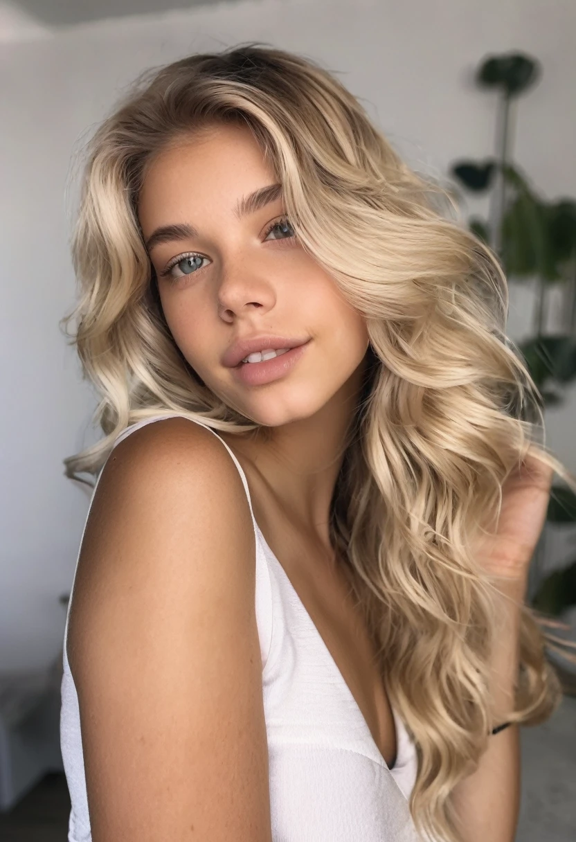 European girl with blonde hair, light eyes, slim fit, Brazilian influencer, very sexy wavy hair, four, 