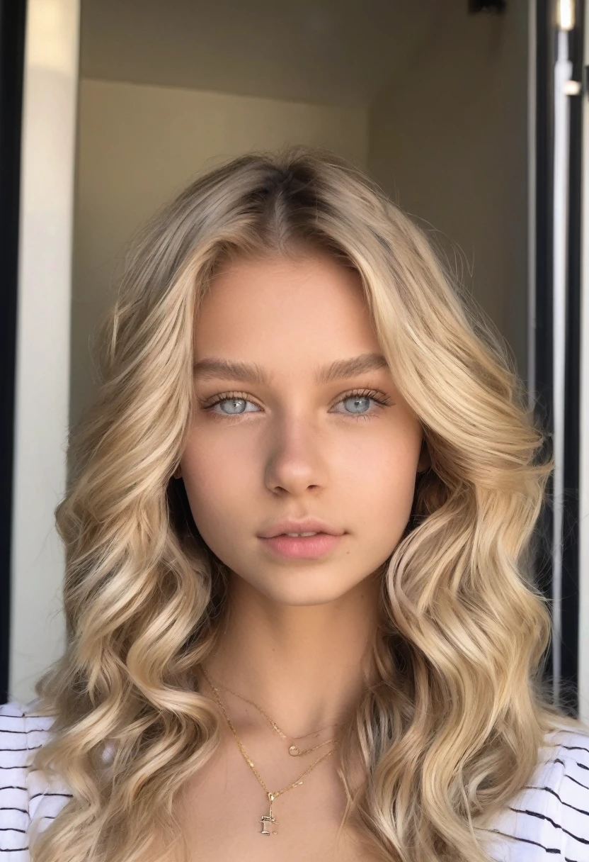 European girl with blonde hair, light eyes, slim fit, Brazilian influencer, very sexy wavy hair, four, 