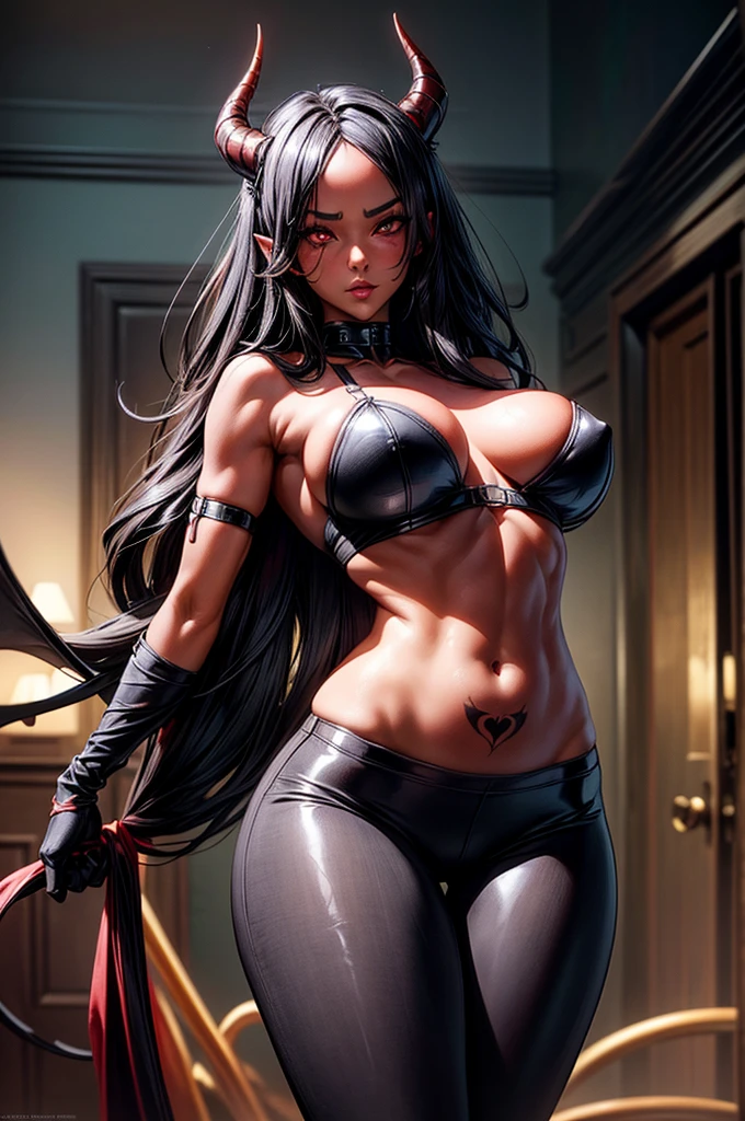 masterpiece, super detailed, high resolution, precision art, highly seductive anime girl. sexy and alluring, flawless red demonic skin, succubus, symmetrical face, beautiful olive eyes, flowing black hair, her very presence oozes seduction and allure, S-shaped body, black onyx colored horns jutting out her forehead, heart shaped tail protruding from her back, sexy and arousing slender yet curvy body with enticing breasts, intricate and beautiful heart shaped tattoo engraved on her stomach, wearing spaghetti strap crop-top and form-fitting leggings that accentuate her round ass, hip-level shot
