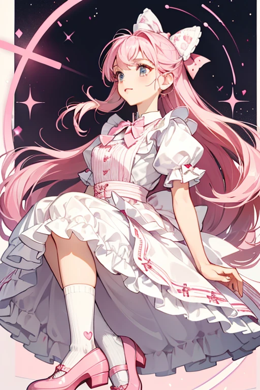 has a solid pink top with white puffy sleeves and a white collar. She wears a pink and white pinstripe skirt with a belted square apron retaining the same patterns, but with two plasters in lieu of a white cross on the pink heart with red stitches, wears white socks, and pink shoes with red bows and white tips. SPARKLE; GLITTER