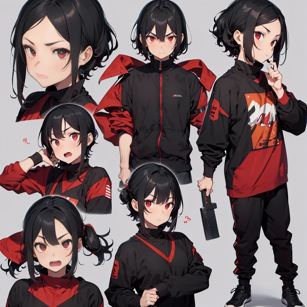 A young 21 year old man, angry appearance, in black and red modern ninja outfit, Eyes red, blackw, wavy short hair, Caucasian skin, clothes worn out by time, a red sword on the back, 1,78 tall.