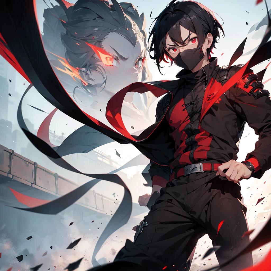 black shirt, red eyes, black hair, 1 boy, whole body, Angry, ((Glowing eyes))