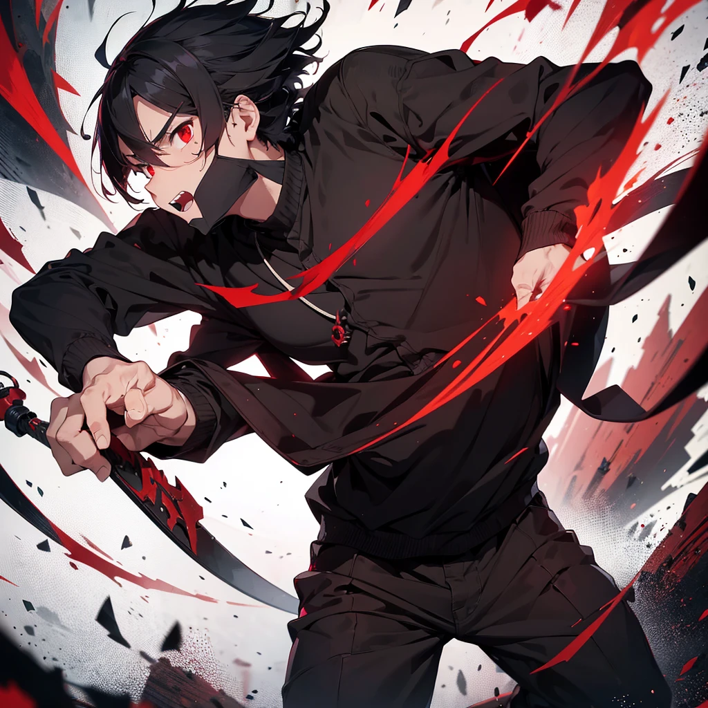 A young 21 year old man, angry appearance, in black and red modern ninja outfit, Eyes red, blackw, wavy short hair, Caucasian skin, clothes worn out by time, a red sword on the back, 1,78 tall.
