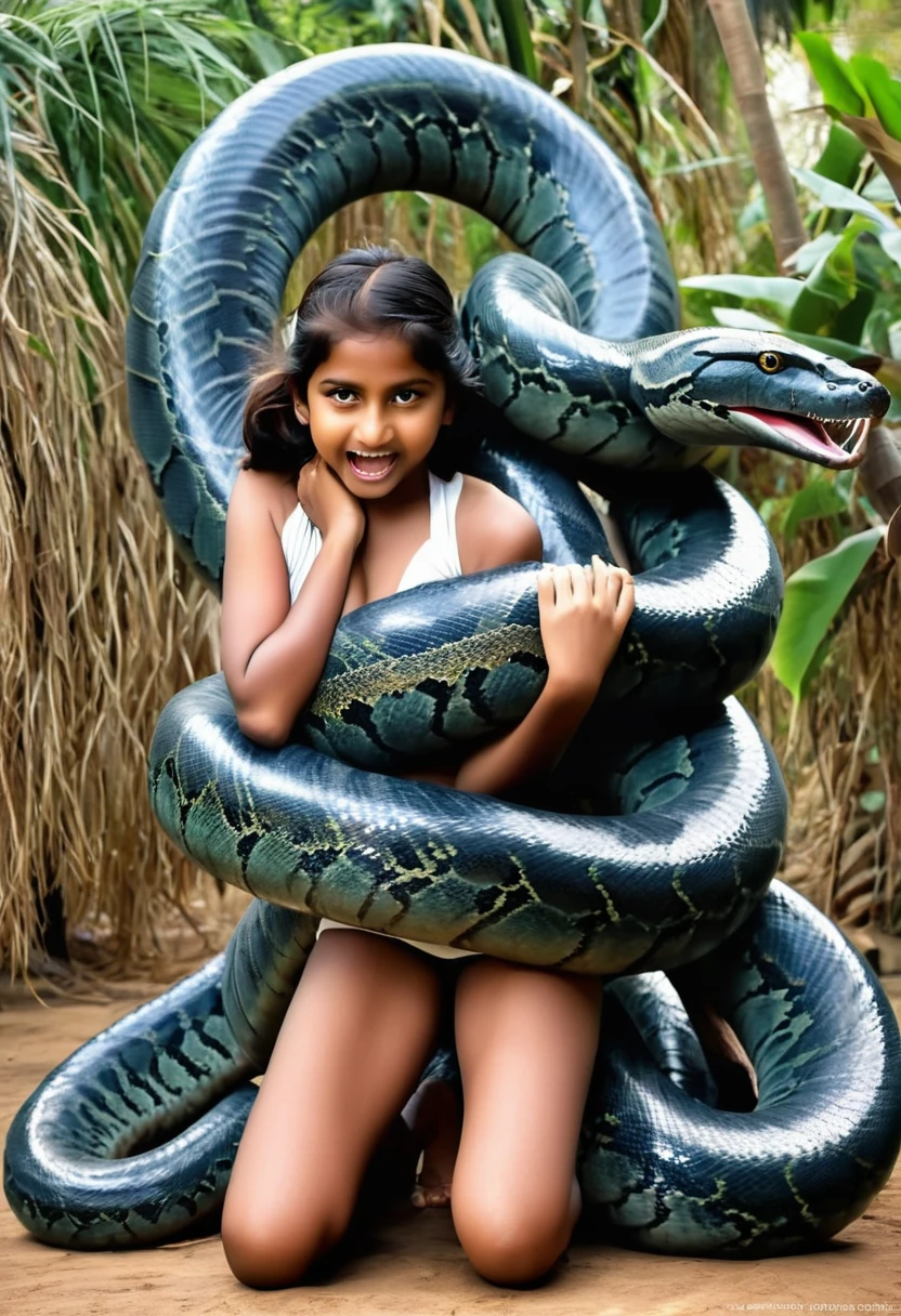  Happy Horny, aroused 1girl), beautiful  kneeling Indian  young teen girl with  giant colossal Kaa monster squeezing her hard, wrapped in thick spiraling coils, constricted, struggle, gasping for air, snake attack, snake peril,