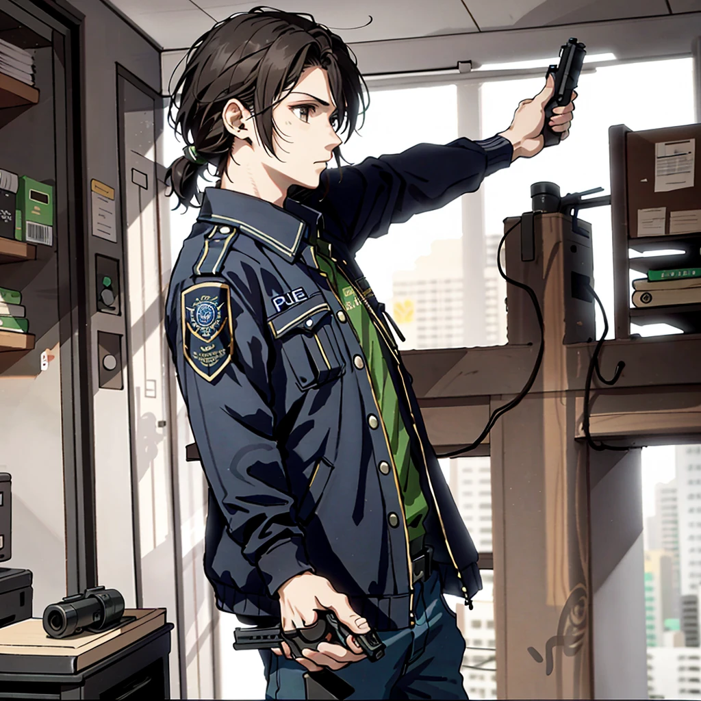 Ridiculous resolution,A high resolution,(tmasterpiece:1.4),Hyper-detailing,Young man,holding a pistol,routine patrol , Brasil Police officer, rio de janeiro, The expression is serious, m4a1, solo