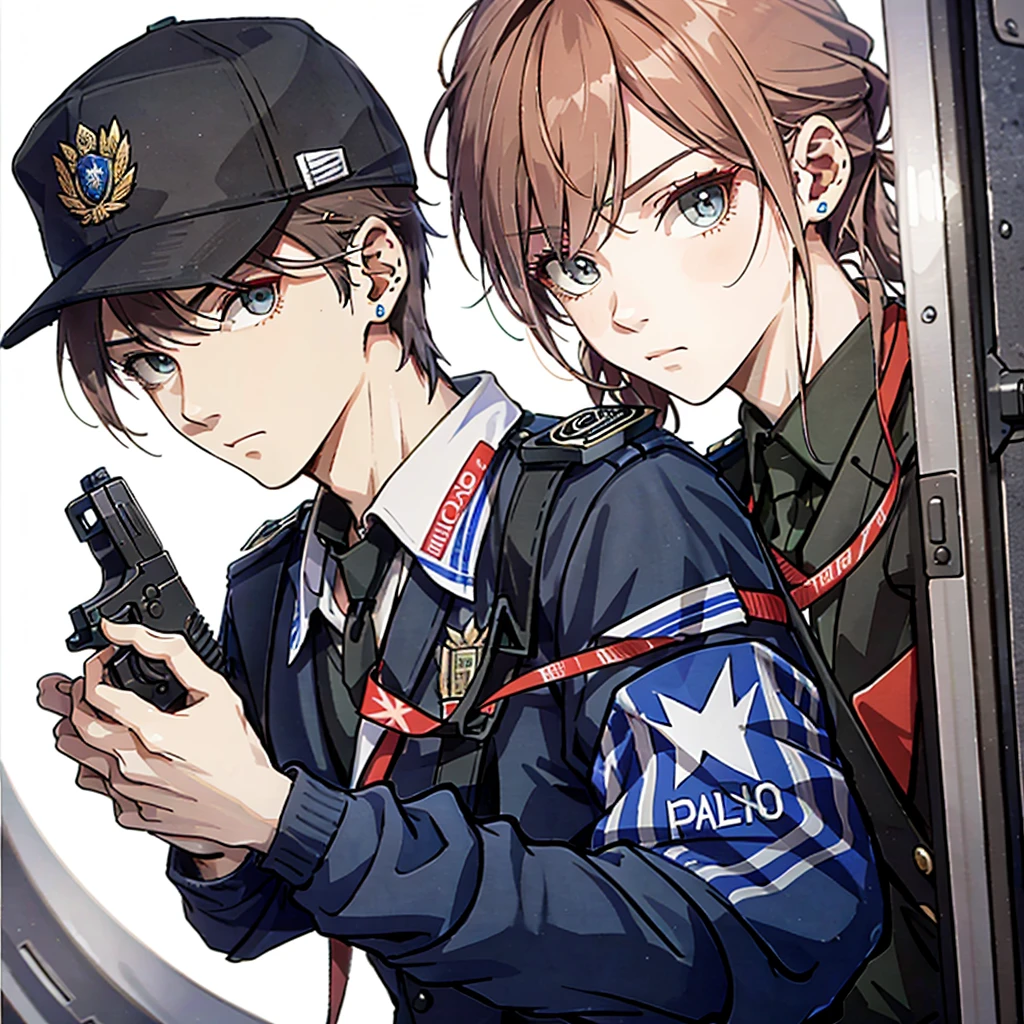 Ridiculous resolution,A high resolution,(tmasterpiece:1.4),Hyper-detailing,Young man,holding a pistol,routine patrol , Brasil Police officer, rio de janeiro, The expression is serious, m4a1, solo