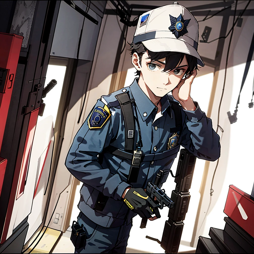 Ridiculous resolution，A high resolution，（tmasterpiece：1.4），Hyper-detailing，Young man，holding a pistol，routine patrol , Brasil Police officer, rio de janeiro, The expression is serious, m4a1, solo