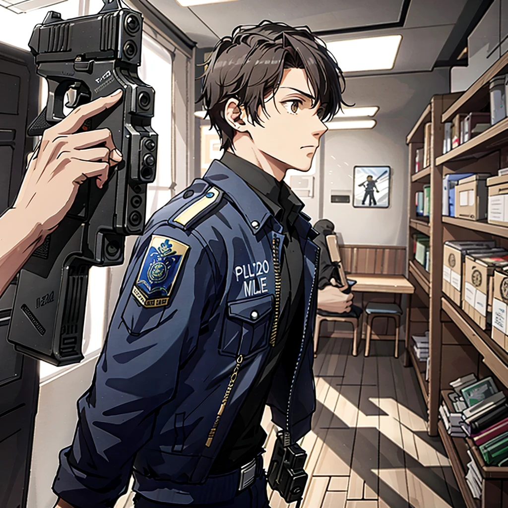 Ridiculous resolution，A high resolution，（tmasterpiece：1.4），Hyper-detailing，Young man，holding a pistol，routine patrol , Brasil Police officer, rio de janeiro, The expression is serious, m4a1, solo