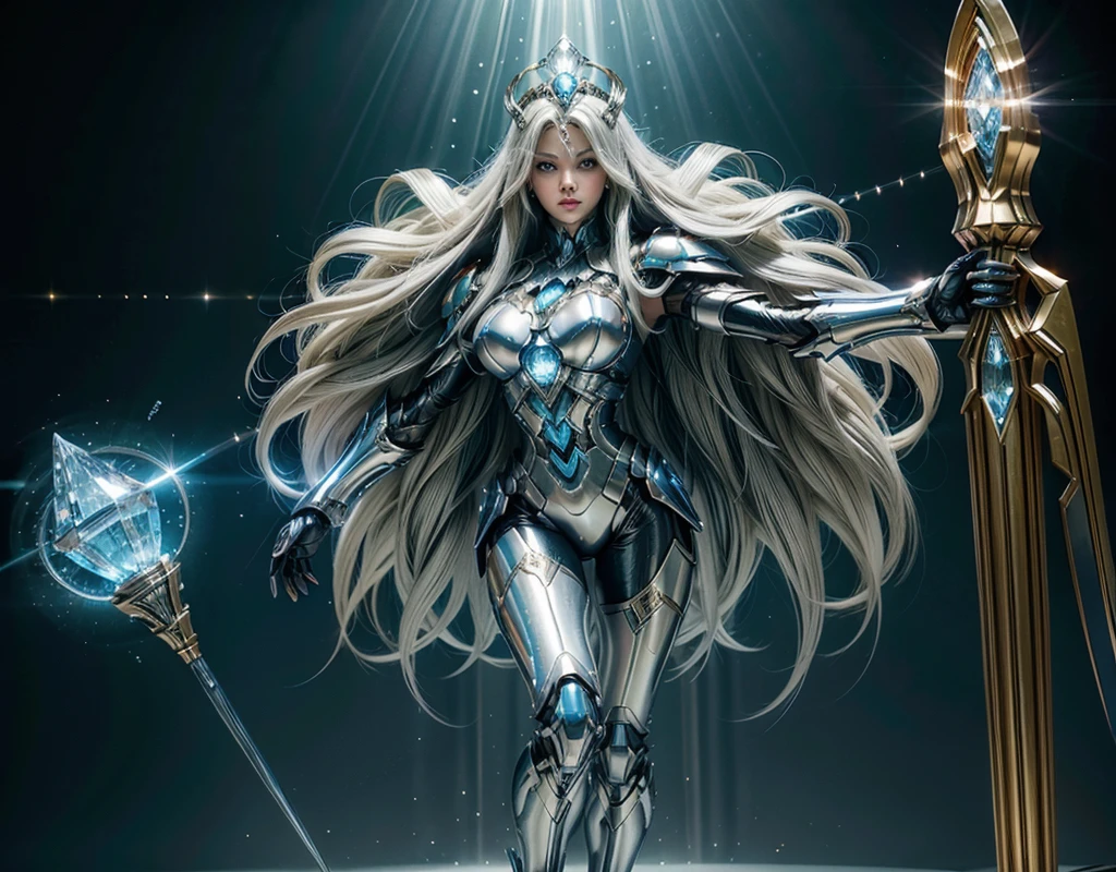 women attractive face beautiful full body, legs thick, hips. goddess with long white hair, ultra detailed eyes, on your head crown, wearing a blue suit of iron home style paladin powers, futurist. Armadura templária com detaileds de ouro fino, one in one hand holding a staff with large shining crystal at the tip of the staff, detaileds: 1.2) 4K Ultra HD, slr digital, soft lighting, high qualiy
