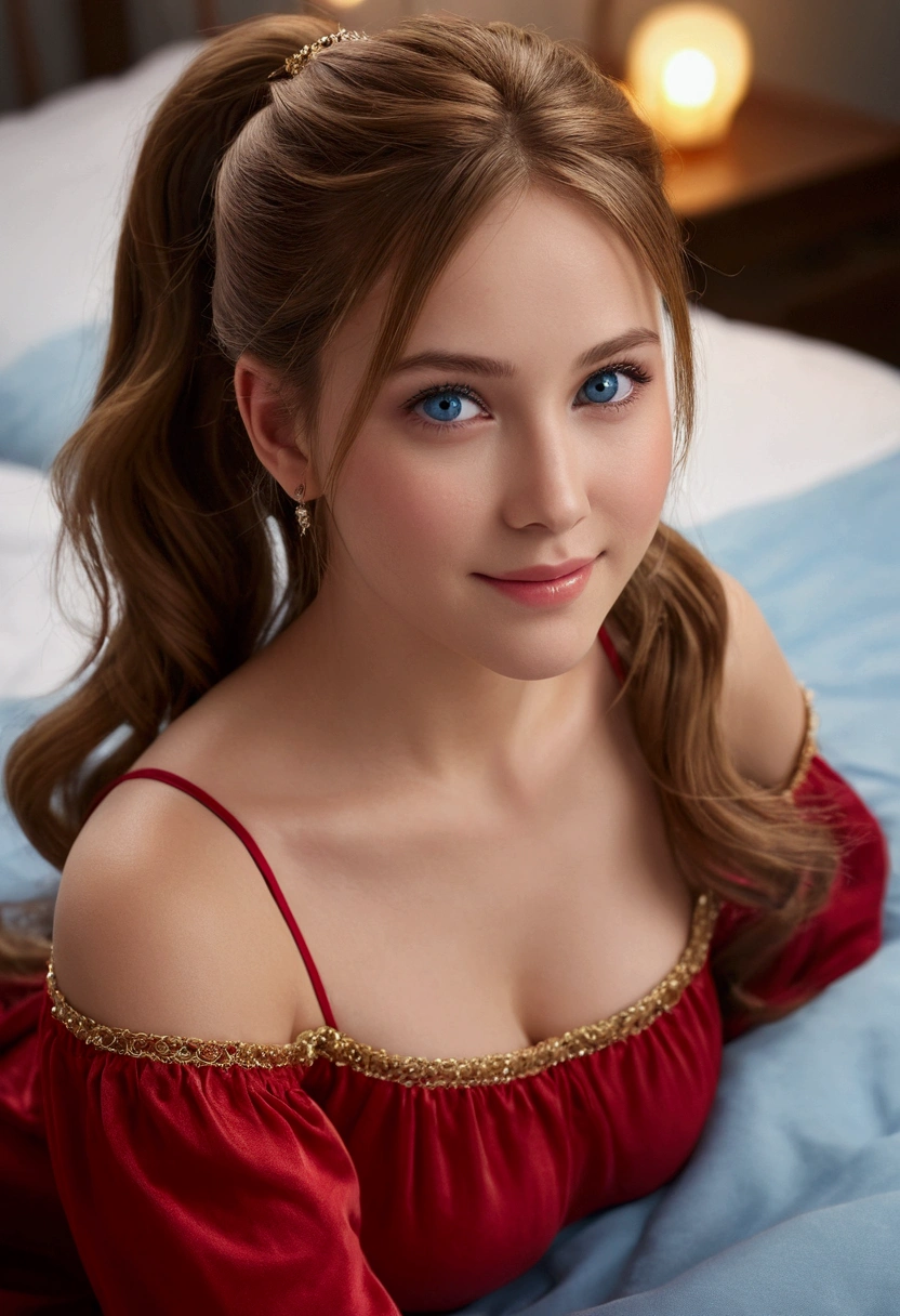 ((greatest masterpiece:1.3, ultimate quality:1.3, ultra-detailed:1.2)), (movie lighting), ((perfectly sensual)), super fine illustration, an extremely delicate and beautiful, 4K, 8K, 16K, UHD, 21 years old, extremely beautiful college student, cute, light brown hair, ponytail, , blue eyes, perfect proportions, adult sex appeal, bedroom, red baby dollviting gestures, bewitching smile, lying down,