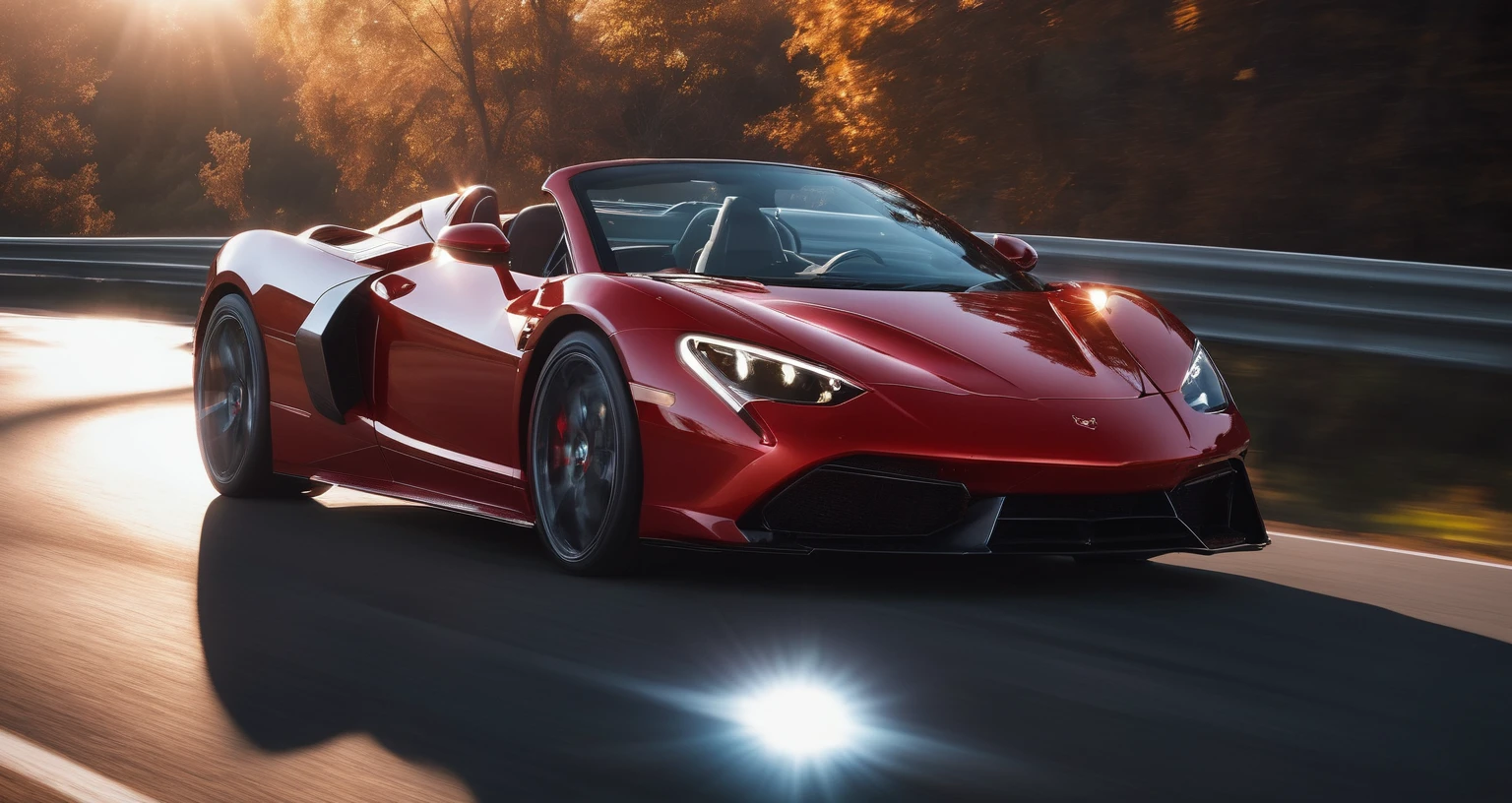 Sports car photos,A red sports car is on the right side of the screen,amazing,Drive on the highway,Showing speed and passion,Red photos,detail强化,blur background/Bokeh,Bright with natural light,Ray Tracing,Sunset sky,forest,Hill in the distance,Highly detailed environments,Low depth of field,HD,detail,8k,lens flare,Sunlight,