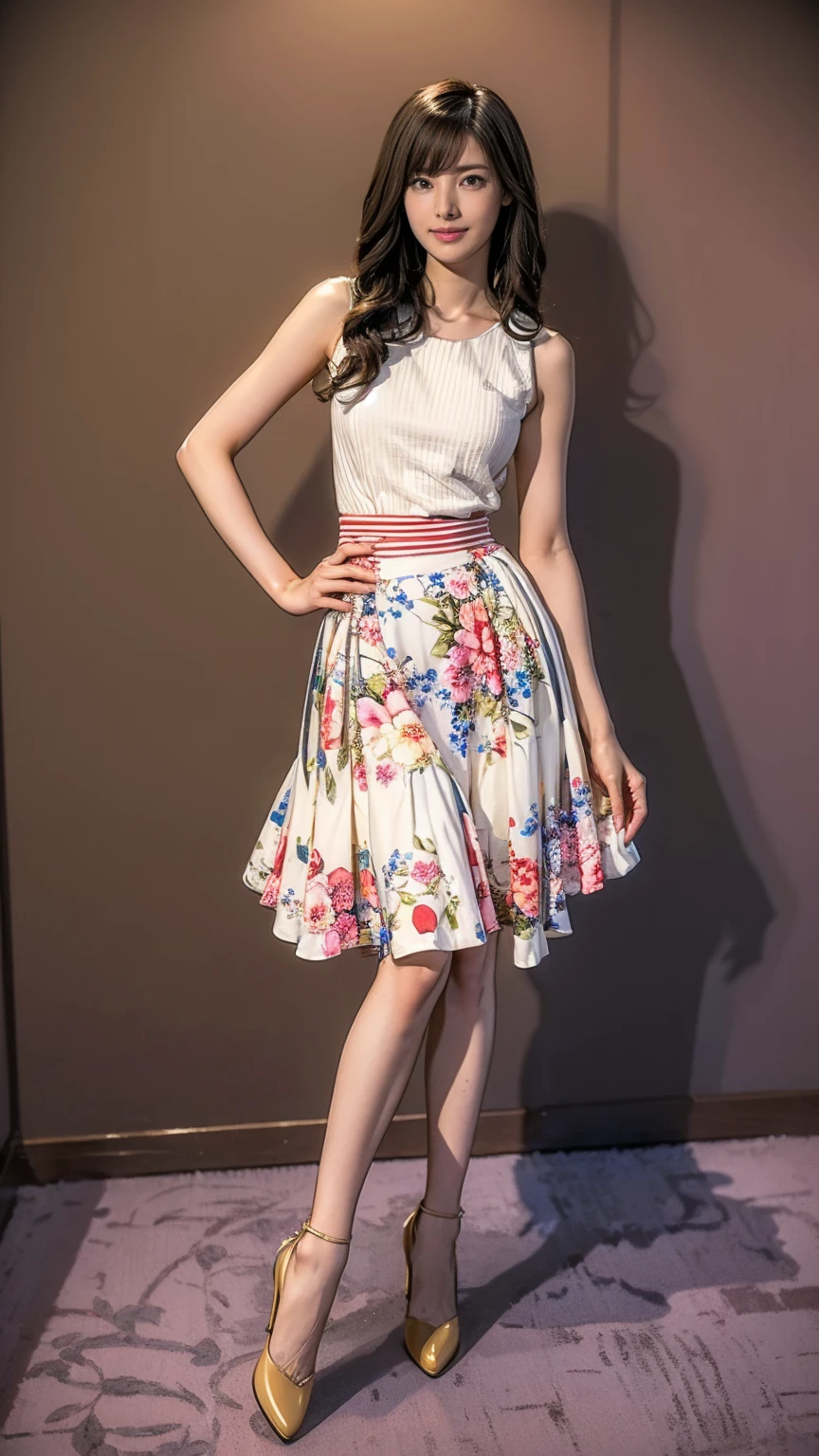 ((masterpiece)),(((Highest quality))),Thin thighs,Long legs,whole body:1.5,(One Girl:1.3),(Black high heels:1.3),(Wearing a floral striped mid-long flared skirt dress:1.2),Curly blonde hair:1.2、Model pose standing with legs apart:1.5,Bright expression:1.5
