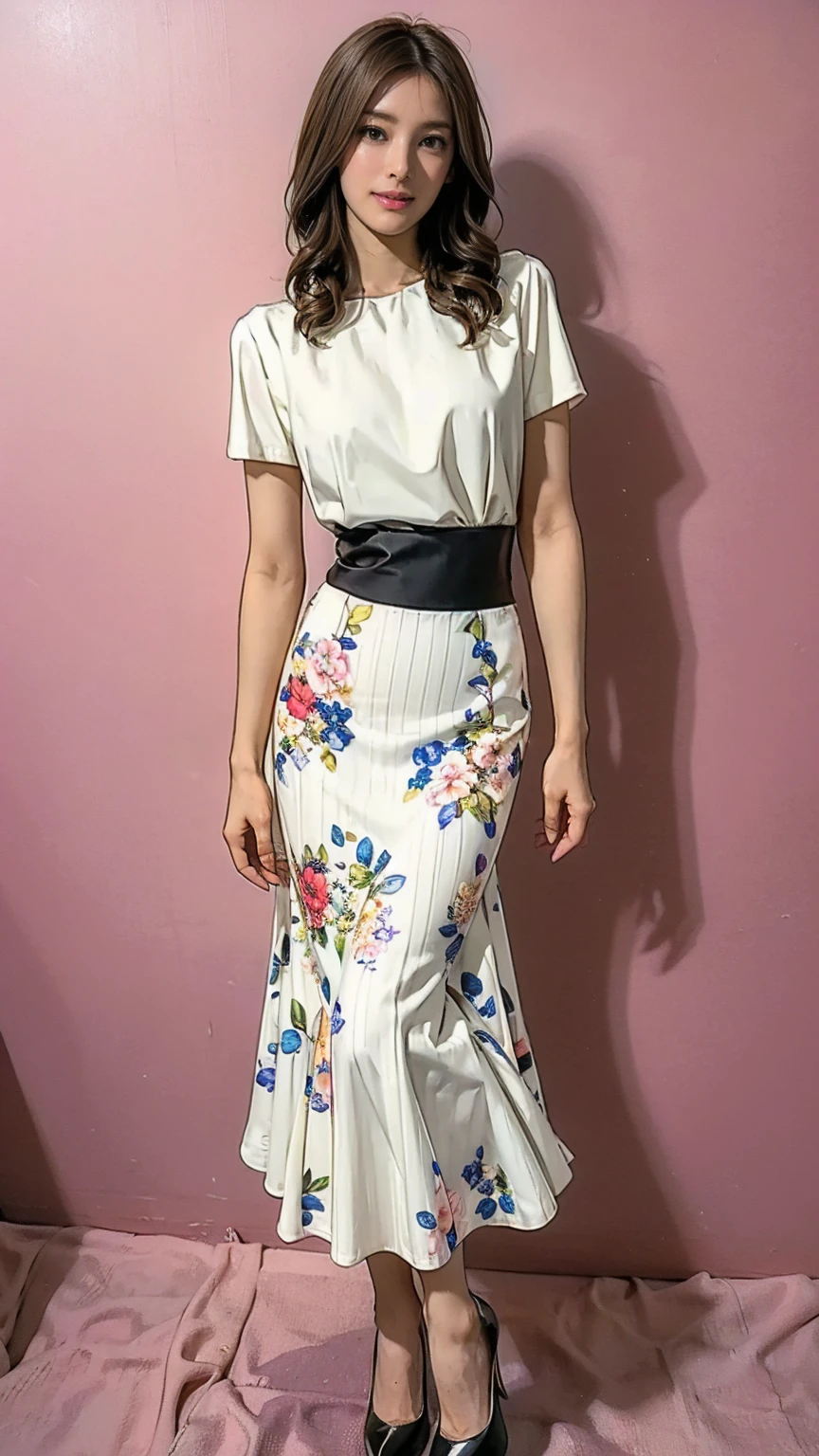 ((masterpiece)),(((Highest quality))),Thin thighs,Long legs,whole body:1.5,(One Girl:1.3),(Black high heels:1.3),(Wearing a floral striped mid-long flared skirt dress:1.2),Curly blonde hair:1.2、Model pose standing with legs apart:1.5,Bright expression:1.5