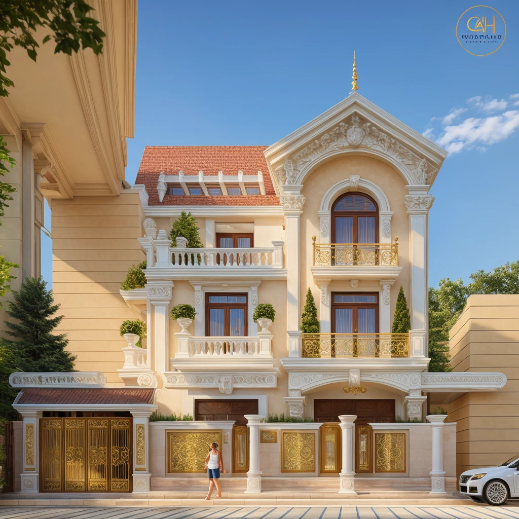 Neoclassical villa design, (Masterpiece: 1.2, Best Quality), Realism, (Real Image, Intricate Detail, Depth of Field), High Detail, ((Perfect Face, Facing the camera))))