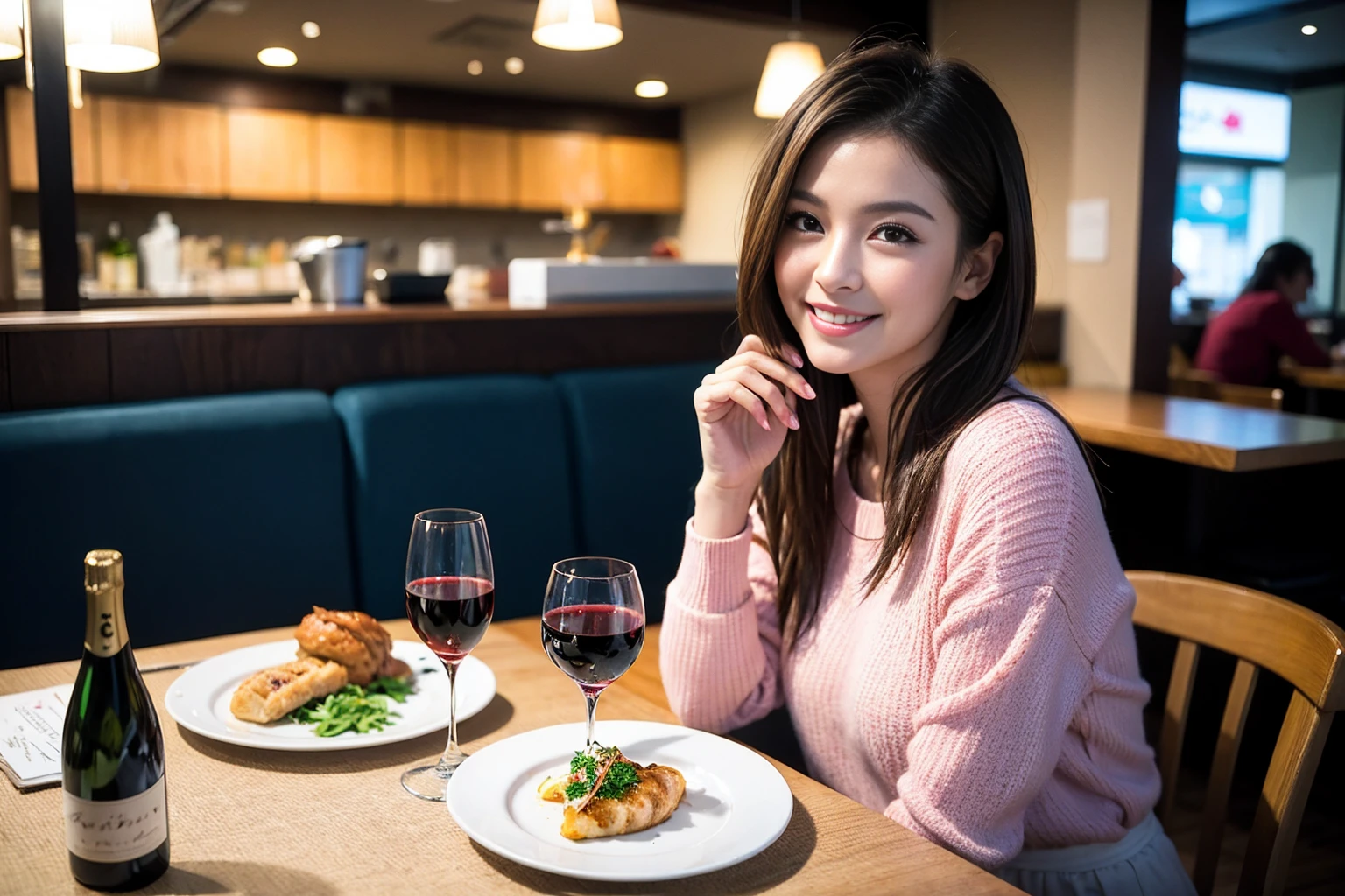 ((Highest quality、8k、masterpiece:1.3))、Shortcuts、cute、slimカップル、modelカップル、actress男優、(Realistic, Intricate details:1.2), full-course dinner、wine 、Amazing view of the sunset sky and clouds、A bright smile、short hair,Bright Face、 (45 years old), 42 years old, 赤wine 、Appetizers、Italian food、wine bottle、Champagne、スパークリングwine、Two beauties、Brown Hair、Shortcuts、Long sleeve shirt、dress、Beautiful woman 1, (slimな顔), (The body is slim), (Brown Hair), (Shortcuts), cheeks turn a little red,Attractive beauty、restaurant, In a prominent place (From the waist up) Nova Frog Style, actress, model, Upper Body, 白wine, slim, wineグラス, 中央に置かれたwineグラス, smile, (smile: 1.15), Beautiful fine grain, Depth f/2,saturation, High Contrast, Strong light and shadow,Moist Body:1.5、3D texture、Delicate eyes、Brown Hair、The hair is very shiny、