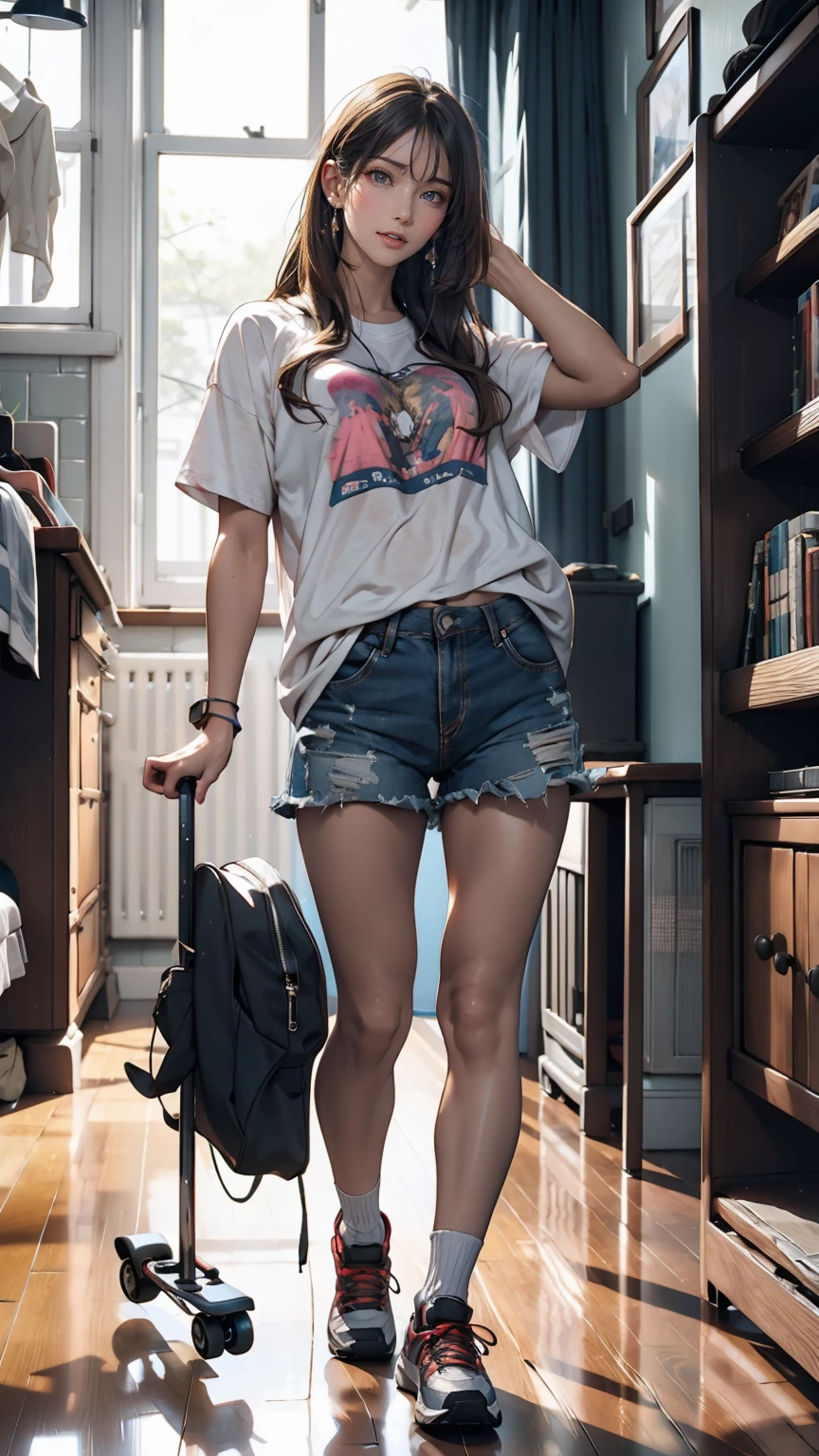  girl, skateboard, Grey-haired blonde、19-year-old female、Oversized T-shirt、Shorts、sneakers、skateboardを小脇に抱える